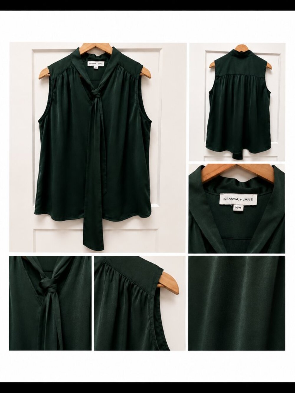 Gemma + Jane Emerald Green Satin Tie Neck Sleeveless Blouse Size M